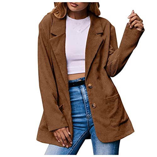 ZGNB Winterjacke Damen Lang,Karierte Blazer für Damen, Damen Gerippter Cord Blazer Jacke Casual Langarm Offene Front Revers Knöpfe Arbeit Büro Jacken Strickjacke Blazer Brauner Blazer von ZGNB