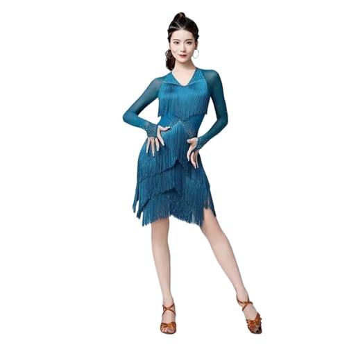 ZGXNYI Lateinisches Tanzkleid Bohren Kleider Frauen Ballsaal Samba Kostüm V Ausschnitt Party Kleid Mesh Dehnbar Latin Dance Wettbewerb Fransen Kleider Lateinisches Wettkampfkleid(Blue,XL) von ZGXNYI