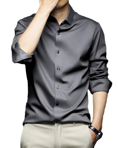 Männer Langarm Button Up Shirts Solid Slim Fit Casual Business Formal Dress Shirt (Dark Grey,S) von ZH8FCHAN