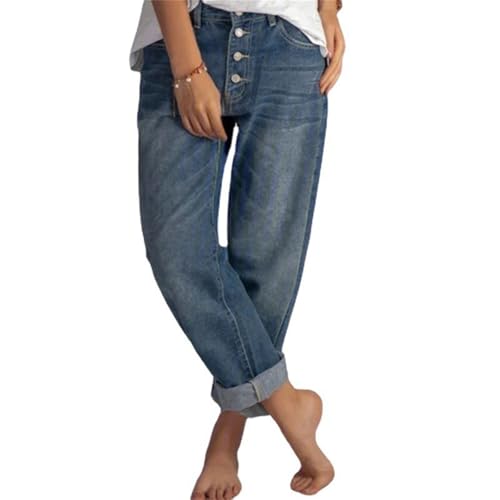 ZH8FCHAN Damen Baggy Ankle Jeans Casual Lose Gerade Bein Button Boyfriend Denim Hosen (Blue,S) von ZH8FCHAN