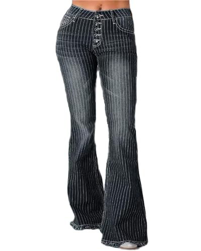 ZH8FCHAN Damen Bell Bottom Jeans Elastische gestreifte Bell Bottom Jeans Denim Bell Bottom Plus Size Hose (Black,M) von ZH8FCHAN