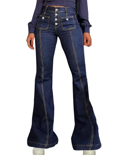 ZH8FCHAN Damen Flare Denim Jeans High Waisted Multiple Button Up Bell Bottom Stretch Klassische ausgestellte Hose (Blue,XL) von ZH8FCHAN