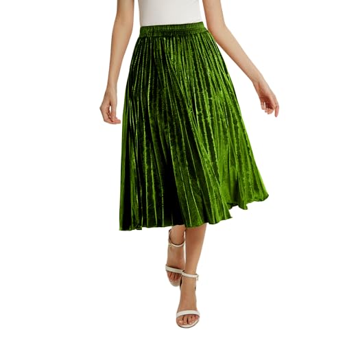 ZHANCHTONG Damen High Elastic Waist Velvet A Line Plissee Swing Midi Rock - Gr�n - Klein von ZHANCHTONG