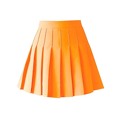 ZHANCHTONG Damen High Waist A-Linie Plissee Minirock Kurz Tennisrock, Fluoreszierendes Orange, X-Groß von ZHANCHTONG
