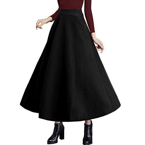 ZHANCHTONG Damen Hohe Elastische Taille Maxi Wolle Rock A-Linie Plaid Winter Warm Flare Langer Rock, schwarz, XX-Large von ZHANCHTONG