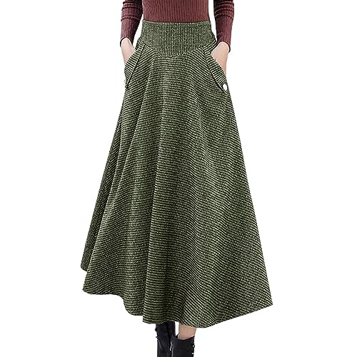 ZHANCHTONG Damen Hohe Taille Plaid Wolle Maxirock Verdickt A-Linie Lang Ausgestellter Rock, Armee-Plaid, Klein von ZHANCHTONG