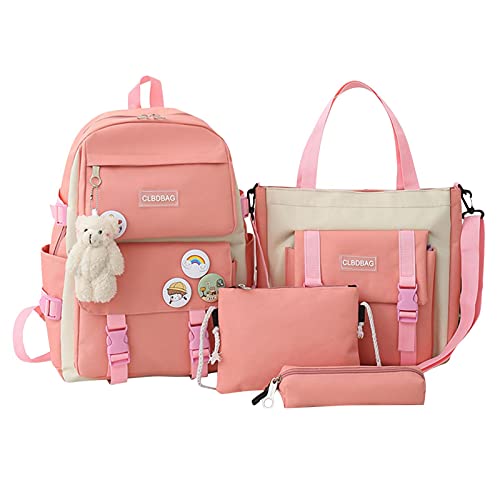 ZHANGHAN Kawaii Rucksack Bär Anhänger 4PCs Schulrucksack Combo Set Einkaufstasche Schultasche Netter Mädchen Damen Schulnotizbuch Reiserucksack Wasserdichter Schulbedarf, Rosa, 14 centimeters von ZHANGHAN