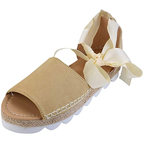 Damen Sandalen Espadrille Sandalen Schnüren Open Toe Espadrilles Binden Flache Schuhe Sommer Flache Sandalen,1,38 EU von ZHANGMEI