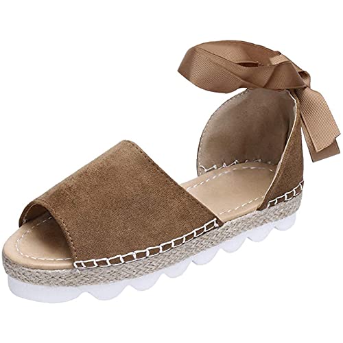 Damen Sandalen Espadrille Sandalen Schnüren Open Toe Espadrilles Binden Flache Schuhe Sommer Flache Sandalen,3,44 EU von ZHANGMEI