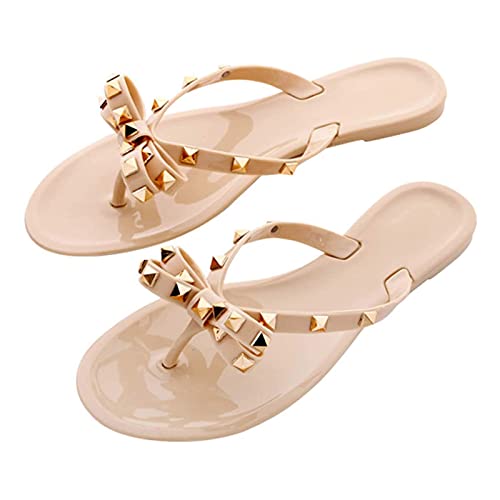 Sandals Studded Flip Flops Sandalen Hausschuhe Mit Schleife Geburtstagsgeschenke für Frauen,Beige,37 EU von ZHANGMEI