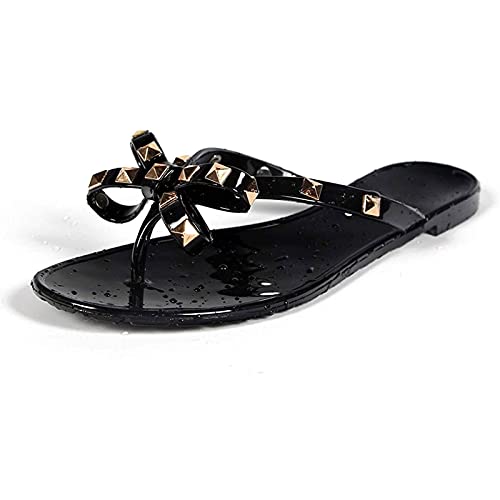 Sandals Studded Flip Flops Sandalen Hausschuhe Mit Schleife Geburtstagsgeschenke für Frauen,Schwarz,38 EU von ZHANGMEI