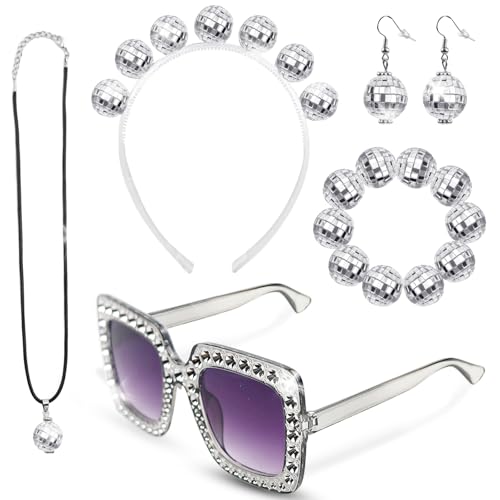 5 PCS Discokugel Deko, Discokugel Haarreif, Discokugel Kopfschmuck,Glitzer Haarreif Discokugel Silber, Discokugel Spiegelkugel Schmuck Set, mit Discokugeln, Lametta, Glitzer, Karneval von ZHAO GE