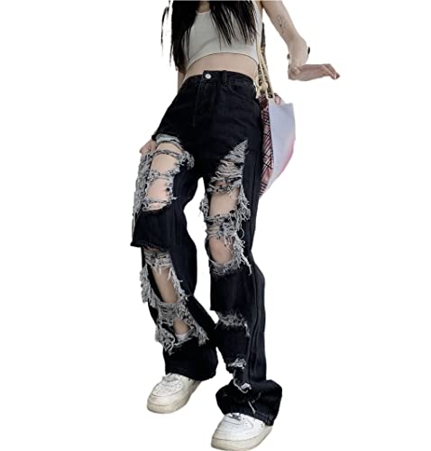 ZHAOBAOBAO zhangwei Damen Tattered Copper Jeans Rap Trendsetter Y2K, schwarz, M von ZHAOBAOBAO