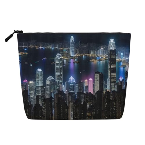 Aerial Night of View Hong Kong Print Single Layer Fake Hanf Makeup Bag Zipper Toiletry Bag Zipper Accessories for Women, Black, One Size, Schwarz, One Size von ZHAOLQ