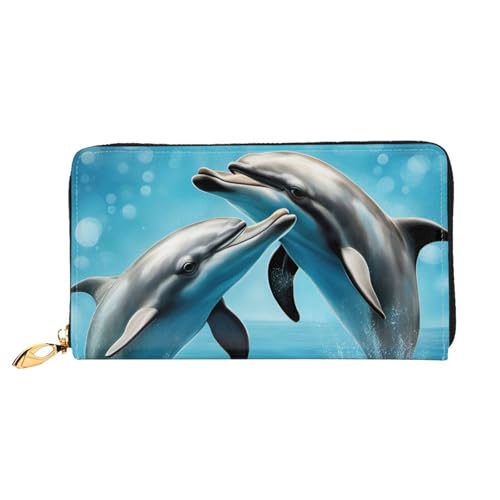 Delfine in Love Print Handy Kreditkarte Geld Halter Geldbörse Leder Damen Kartenetui Reißverschlusstasche Schwarz, Einheitsgröße, Schwarz, One Size von ZHAOLQ