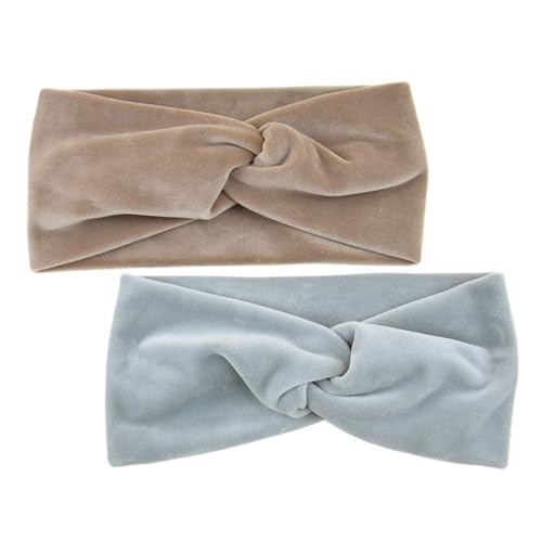 Stirnband 2 stücke Kreuz Stirnband Breites Haarband Einfarbig Stretch Turban Elegante Herbst Winter Haar Zubehör for Frauen Mädchen Winter Stirnband(Brown and blue) von ZHAOQIN