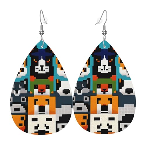 Stilvolle Pixel-Kunst-Tiergesichter Druck baumelnde Ohrringe für Frauen – leichter tropfenförmiger Lederschmuck, perfekt für Mode-Partys, Einheitsgröße, Leder Stilvolle Pixel-Kunst-Tiergesichter Druck baumelnde Ohrringe für Frauen – leichter tropfenförmiger Lederschmuck, perfekt für Mode-Partys, Einheitsgröße, Leder von ZHAOUR