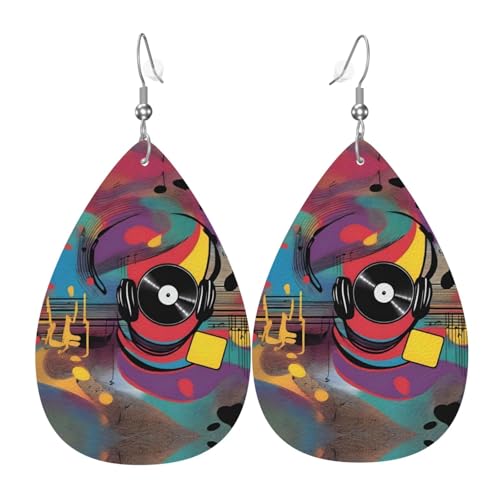 Stilvolle baumelnde Ohrringe mit Musik-Vibes-Druck für Frauen – leichter Lederschmuck in Tropfenform, perfekt für Mode-Partys, Einheitsgröße, Leder von ZHAOUR