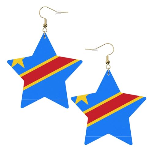 Weiße trendige Leder-Stern-Ohrringe für Frauen – Flagge des Kongo-Drucks, baumelnder Schmuck, leichte modische Creolen-Anhänger, Einheitsgröße, Leder Weiße trendige Leder-Stern-Ohrringe für Frauen – Flagge des Kongo-Drucks, baumelnder Schmuck, leichte modische Creolen-Anhänger, Einheitsgröße, Leder von ZHAOUR