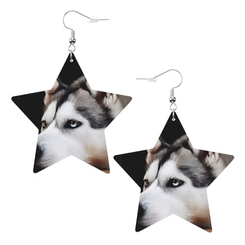 Weiße trendige Leder-Stern-Ohrringe für Frauen – Husky-Hund (1) Druck baumelnder Schmuck, leichte modische Creolen-Anhänger, Einheitsgröße, Leder von ZHAOUR
