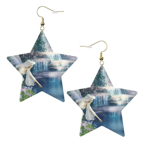 Weiße trendige Leder-Stern-Ohrringe für Frauen – Lake Fairy Print baumelnder Schmuck, leichte modische Creolen-Anhänger, Einheitsgröße, Leder Weiße trendige Leder-Stern-Ohrringe für Frauen – Lake Fairy Print baumelnder Schmuck, leichte modische Creolen-Anhänger, Einheitsgröße, Leder von ZHAOUR