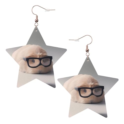 Weiße trendige Leder-Stern-Ohrringe für Frauen – Meerschweinchen mit Brillen-Druck, baumelnder Schmuck, leichter modischer Creolen-Anhänger, Einheitsgröße, Leder von ZHAOUR