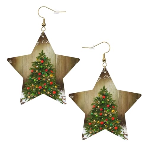 Weiße trendige Leder-Stern-Ohrringe für Frauen - Merry Christmas Print baumelnder Schmuck, leichte modische Creolen-Anhänger, Einheitsgröße, Leder von ZHAOUR