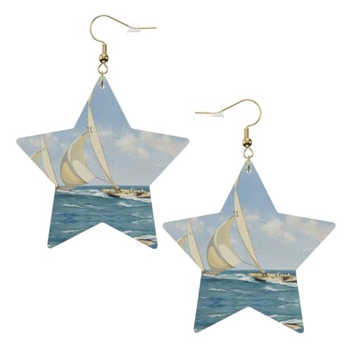 Weiße trendige Leder-Stern-Ohrringe für Frauen – Segelboot-Schiffslandschafts-Druck, baumelnder Schmuck, leichte modische Creolen-Anhänger, Einheitsgröße, Leder Weiße trendige Leder-Stern-Ohrringe für Frauen – Segelboot-Schiffslandschafts-Druck, baumelnder Schmuck, leichte modische Creolen-Anhänger, Einheitsgröße, Leder von ZHAOUR