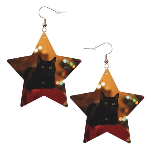 Weiße trendige Leder-Stern-Ohrringe für Frauen – Weihnachten schwarze Katze Druck baumeln Schmuck, leichte modische Creolen Anhänger, Einheitsgröße, Leder von ZHAOUR