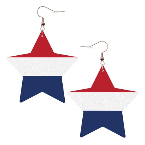 Weiße trendige Leder-Stern-Ohrringe für Frauen – niederländische Flagge Druck baumelnder Schmuck, leichte modische Creolen-Anhänger, Einheitsgröße, Leder Weiße trendige Leder-Stern-Ohrringe für Frauen – niederländische Flagge Druck baumelnder Schmuck, leichte modische Creolen-Anhänger, Einheitsgröße, Leder von ZHAOUR