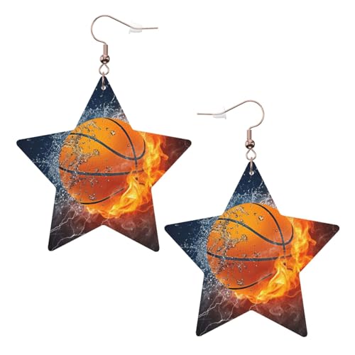 Weiße trendige Lederstern-Ohrringe für Frauen – Basketball auf Feuer und Wasserflamme spritzt (Druck baumelnder Schmuck, leichte modische Creolen-Anhänger, Einheitsgröße, Leder Weiße trendige Lederstern-Ohrringe für Frauen – Basketball auf Feuer und Wasserflamme spritzt (Druck baumelnder Schmuck, leichte modische Creolen-Anhänger, Einheitsgröße, Leder von ZHAOUR