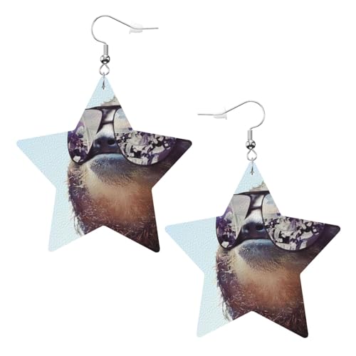 Weiße trendige Lederstern-Ohrringe für Frauen – Faultier mit Sonnenbrillen-Druck, baumelnder Schmuck, leichter modischer Creolen-Anhänger, Einheitsgröße, Leder von ZHAOUR