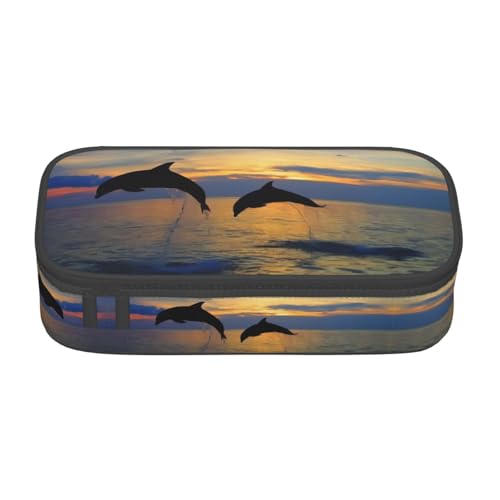 ZHAOUR Federmäppchen mit Ocean Green Wave Surf Full-Print Design - Mehrzweck-Organizer - strapazierfähiges Oxford-Gewebe, mehrere Fächer, Lustiges Tier-Delfin, Einheitsgröße, Schulranzen von ZHAOUR