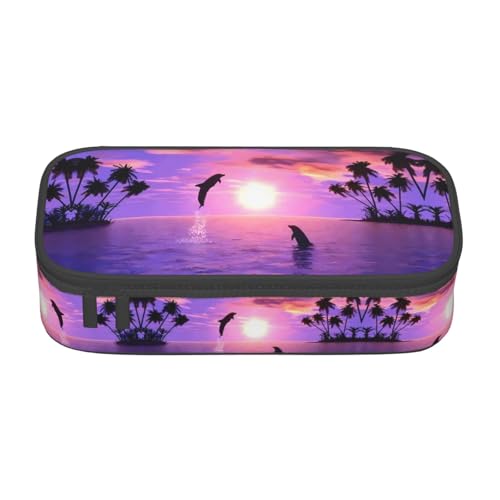 ZHAOUR Federmäppchen mit Strandstein-Volldruck-Design, Mehrzweck-Organizer, strapazierfähiges Oxford-Gewebe, mehrere Fächer, Sunset Dolphins (1), Einheitsgröße, Schulranzen von ZHAOUR