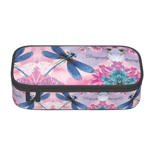 ZHAOUR Federmäppchen mit roter Ziegelmauer-Textur, Volldruck-Design, Mehrzweck-Organizer, strapazierfähiges Oxford-Gewebe, mehrere Fächer, Rosa Blume und blaue Libelle, Einheitsgröße, Schulranzen von ZHAOUR