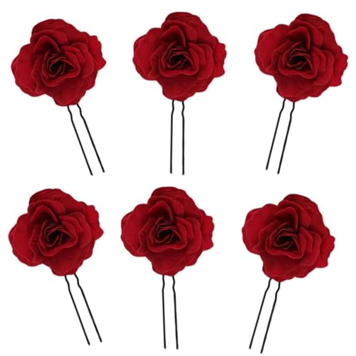 ZHAOYCSH Rose Blume Haarnadel 6 Stück - Rote Rosen Haarspangen Damen für Hochzeit & Braut | U-Form Haarschmuck Set mit Blumen Clips | Elegante Haaraccessoires für Frauen & Mädchen bei Party & Festen von ZHAOYCSH