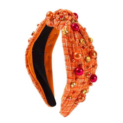 ZHAZHANIU Modisches Damen-Stirnband, violetter Satin mit Perlen und Kristallverzierungen (Grid Orange, Einheitsgröße) von ZHAZHANIU