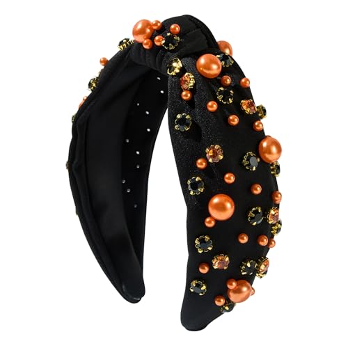 ZHAZHANIU Modisches Damen-Stirnband, violetter Satin mit Perlen und Kristallverzierungen (Schwarz und Orange, Einheitsgröße) von ZHAZHANIU