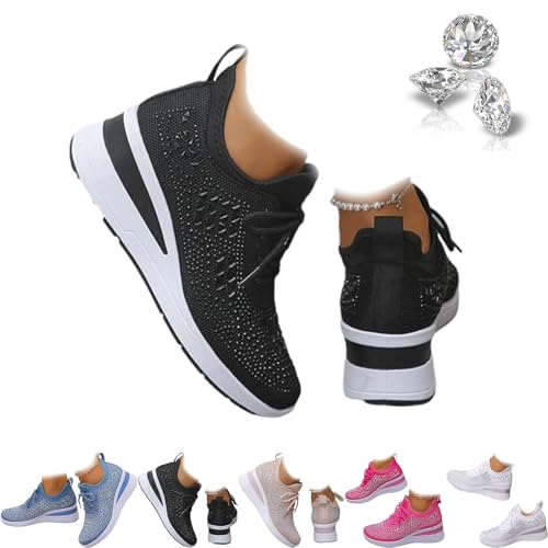 Damen Glitzer Strass Mode Atmungsaktive Keil-Sneaker Sparkly Strass Mesh Tennisschuhe Schnürschuhe Plateau Sneakers für Frauen, Schwarz , 42.5 EU von ZHCBAUA