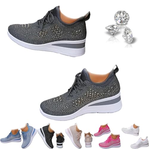 Damen Glitzer Strass Mode Atmungsaktive Keil-Sneaker Sparkly Strass Mesh Tennisschuhe Schnürschuhe Plateau Sneakers für Frauen, grau, 42.5 EU von ZHCBAUA