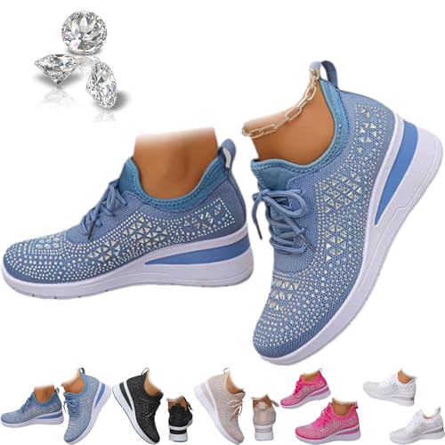 Damen Glitzer Strass Mode Atmungsaktive Keil-Sneaker Sparkly Strass Mesh Tennisschuhe Schnürschuhe Plateau Sneakers für Frauen, hellblau, 42.5 EU von ZHCBAUA