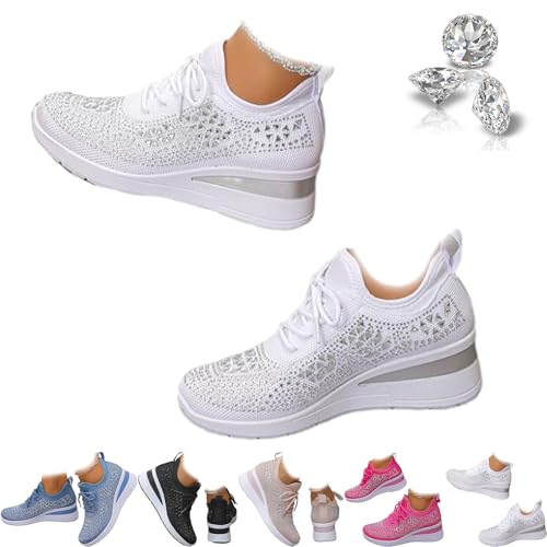 Damen Glitzer Strass Mode Atmungsaktive Keil-Sneaker Sparkly Strass Mesh Tennisschuhe Schnürschuhe Plateau Sneakers für Frauen, weiß, 42.5 EU Damen Glitzer Strass Mode Atmungsaktive Keil-Sneaker Sparkly Strass Mesh Tennisschuhe Schnürschuhe Plateau Sneakers für Frauen, weiß, 42.5 EU von ZHCBAUA