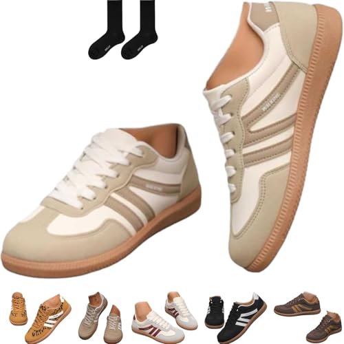 Damen Mode Patchwork Turnschuhe Retro Schnürer Low Top rutschfeste Flache Sohle Sneakers Runde Zehen Bequeme Casual Walking Schuhe für Frauen, beige, 42.5 EU von ZHCBAUA