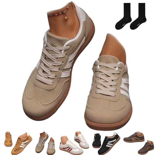 Damen Mode Patchwork Turnschuhe Retro Schnürer Low Top rutschfeste Flache Sohle Sneakers Runde Zehen Bequeme Casual Walking Schuhe für Frauen, khaki, 42.5 EU von ZHCBAUA
