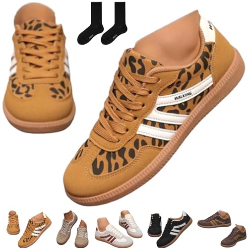 Damen Mode Patchwork Turnschuhe Retro Schnürer Low Top rutschfeste Flache Sohle Sneakers Runde Zehen Bequeme Casual Walking Schuhe für Frauen, leopard, 42.5 EU von ZHCBAUA