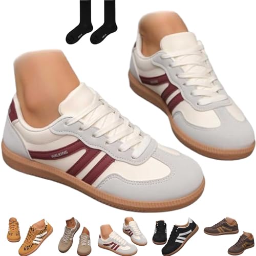Damen Mode Patchwork Turnschuhe Retro Schnürer Low Top rutschfeste Flache Sohle Sneakers Runde Zehen Bequeme Casual Walking Schuhe für Frauen, rot, 42.5 EU von ZHCBAUA
