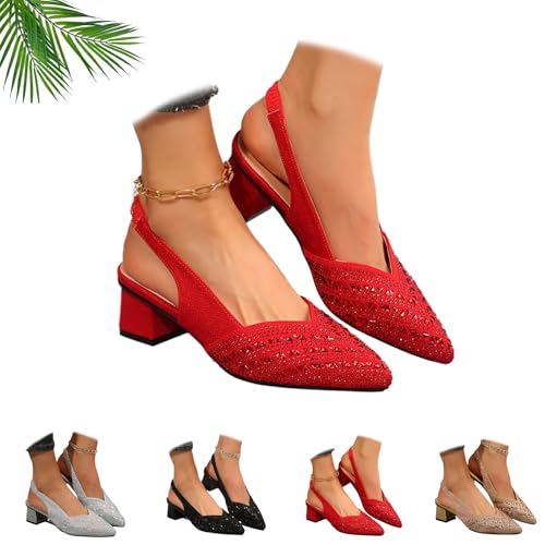 Damenmode Strass High Heel Chunky Heel Sandalen Sparkly Pointed Toe Slingback Kleid Schuhe Kristall Verziert Blockabsatz Pumps, rot, 37EU von ZHCBAUA