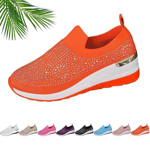 Modische Glitzer-Sneaker für Damen, Plateau-Keilschuhe, glitzerndes Netzgewebe, atmungsaktive Schuhe, modischer Slip-On-Kleid, Braut-Sneaker für Damen, Orange, 42.5 EU von ZHCBAUA