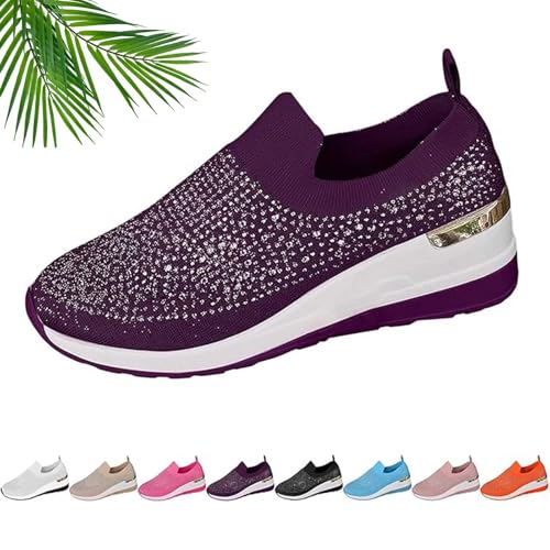Modische Glitzer-Sneaker für Damen, Plateau-Keilschuhe, glitzerndes Netzgewebe, atmungsaktive Schuhe, modischer Slip-On-Kleid, Braut-Sneaker für Damen, violett, 42.5 EU von ZHCBAUA