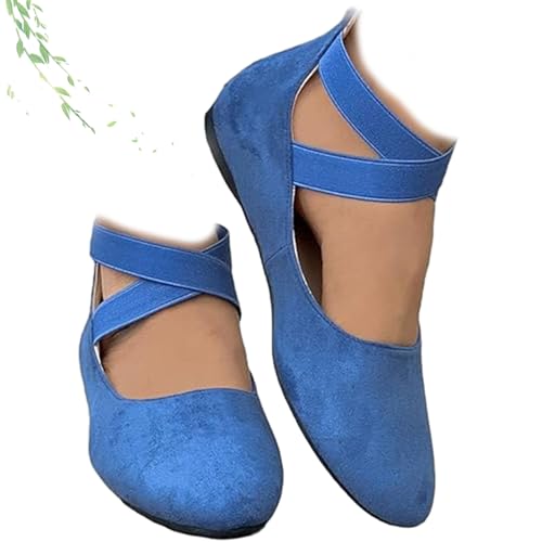 ZHCBAUA Damen Crisscross Strap Wedge Shoes Round Toe Ballett Wedge Dress Pump with Arch Support Elegant Suede Comfy Slip On Flat Shoes, blau, 42.5 EU von ZHCBAUA